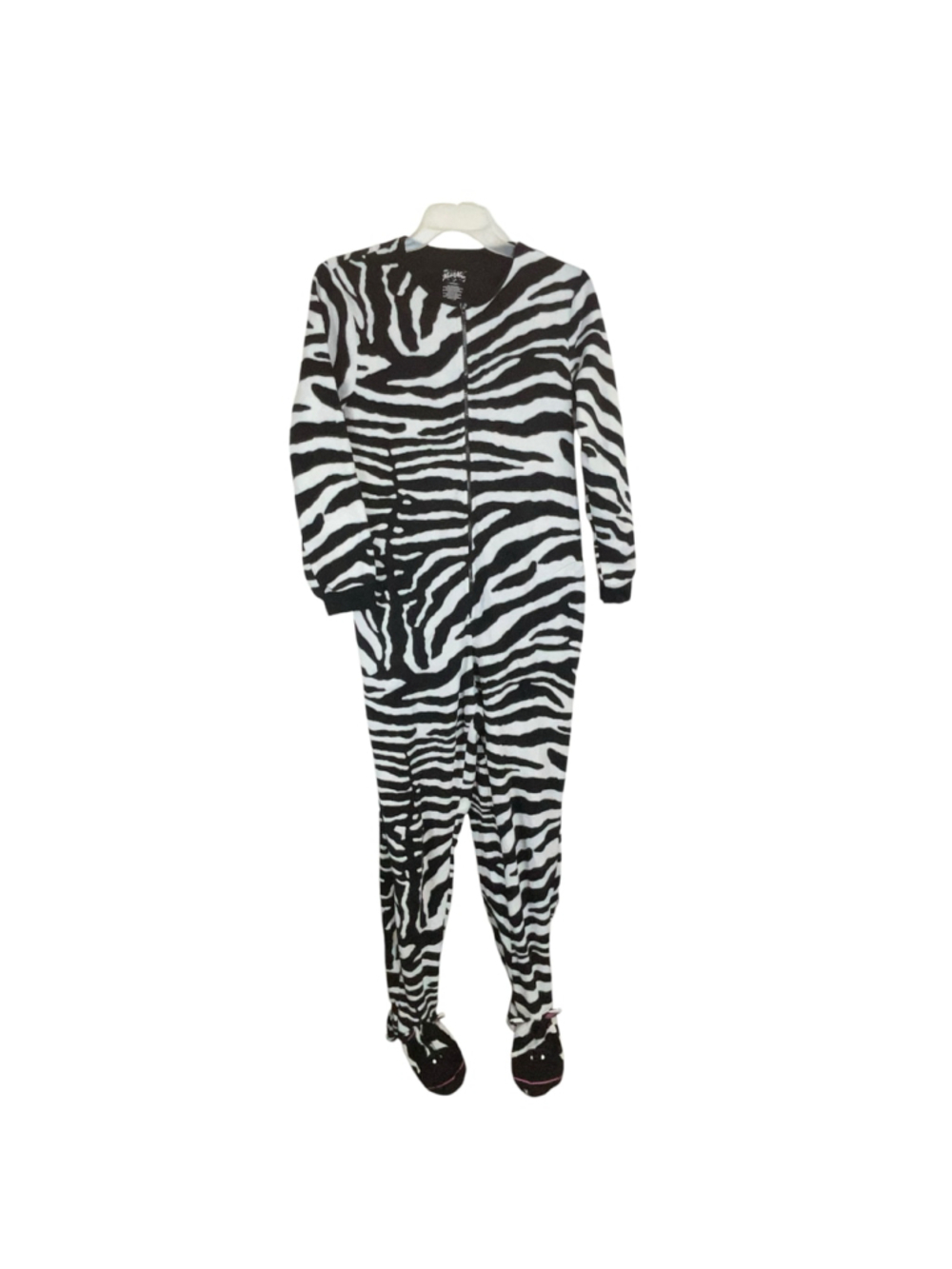 Nick & Nora Zebra One-Piece Footed Pajamas Black White Fluffy Sleepwear Women Sm